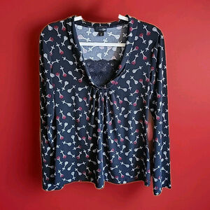 East 5th Women's Unique Black Long Sleeve Blouse Earring Print Size M